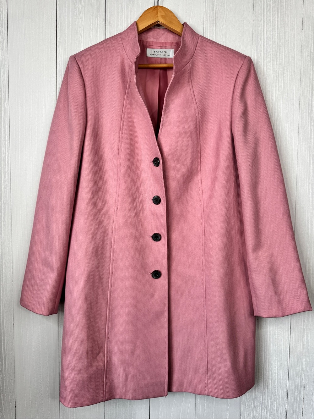 Tahari Rose Pink Collarless Longline Peacoat